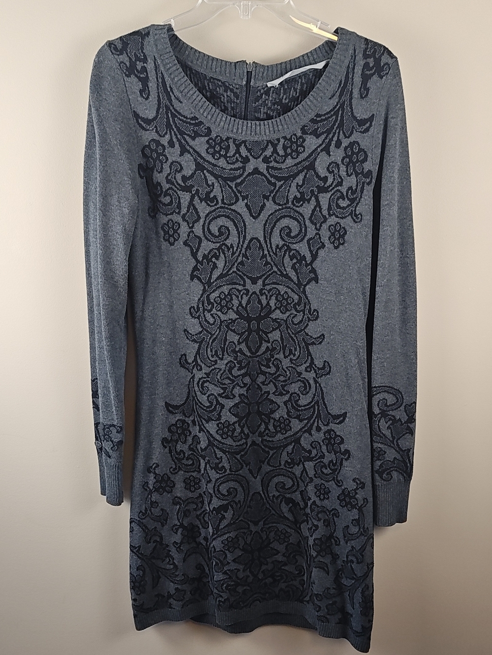 Athleta Gray Long-Sleeve Knit Dress with Black Damask Jacquard
